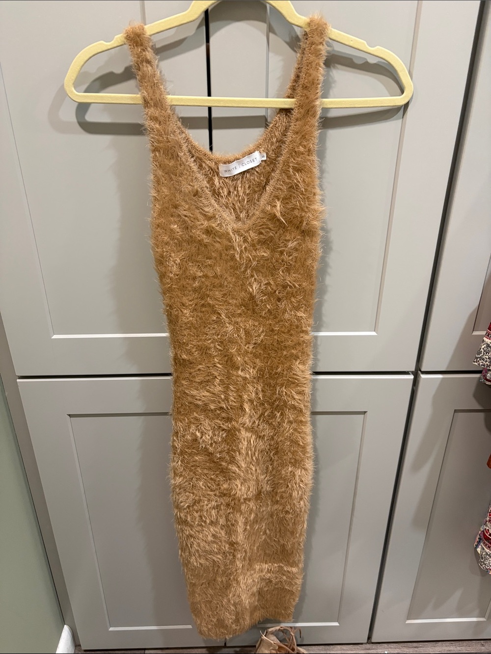 Sleeveless Fuzzy Bodycon Dress in Camel — White Closet